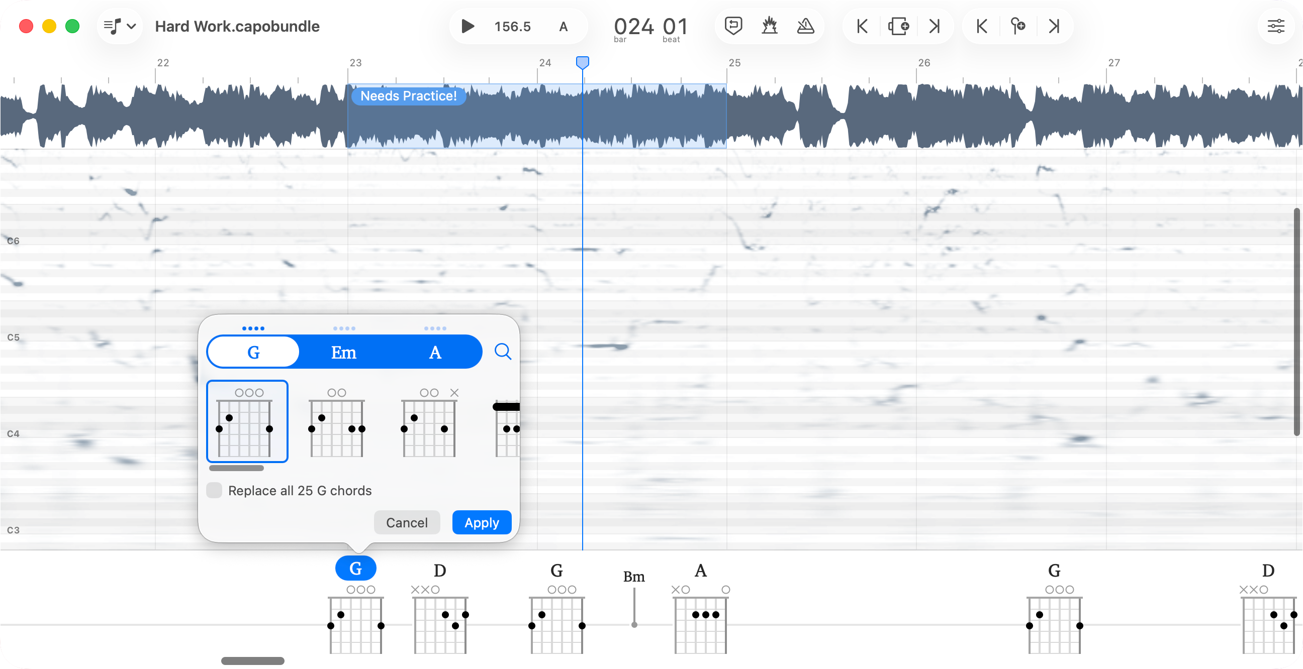 Capo for Mac showing chord editing interface