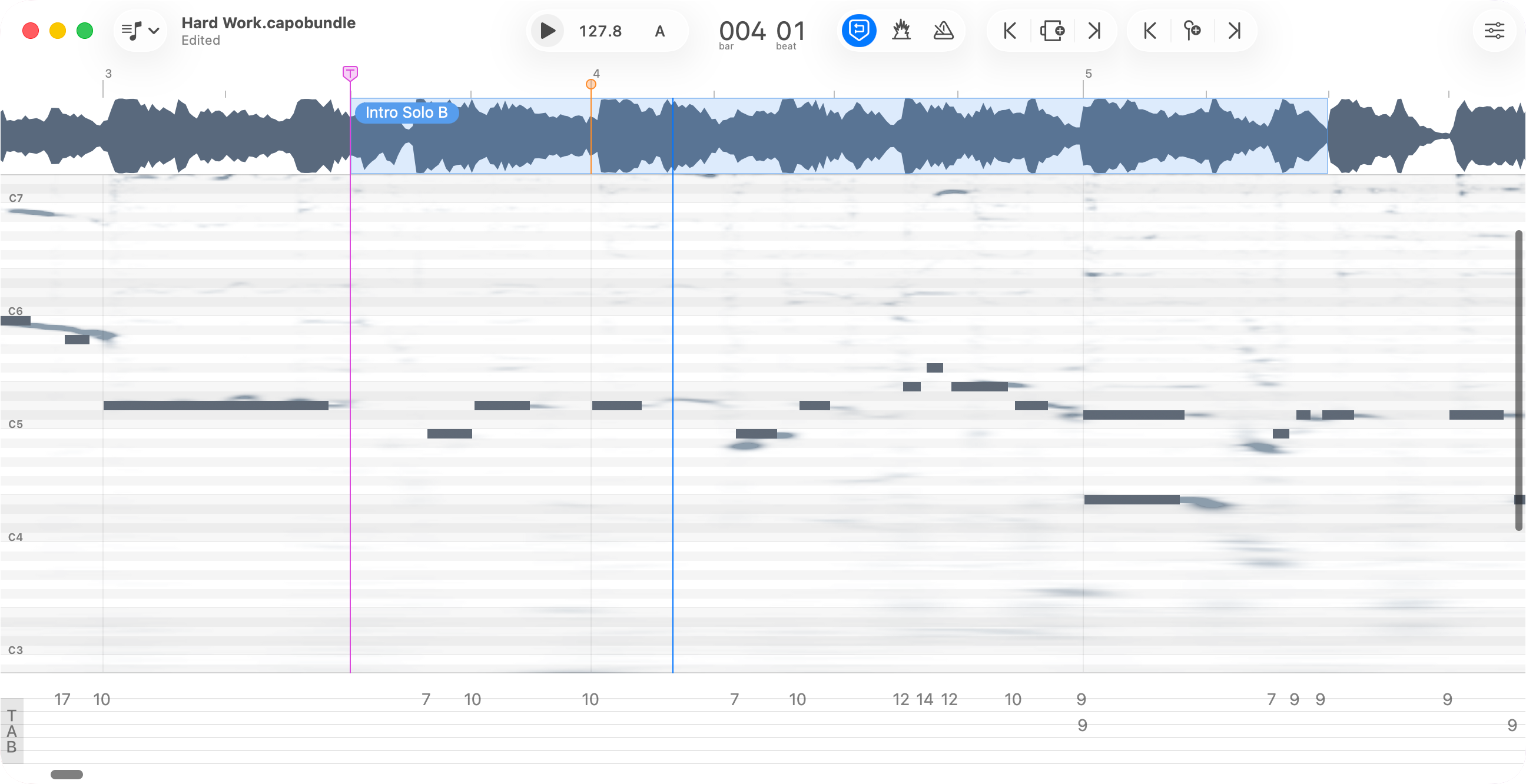 Capo's spectrogram transcription view showing detailed note analysis